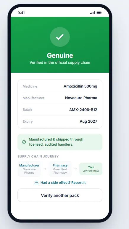 Genuine result screen showing medicine, manufacturer, batch, expiry and supply chain journey
