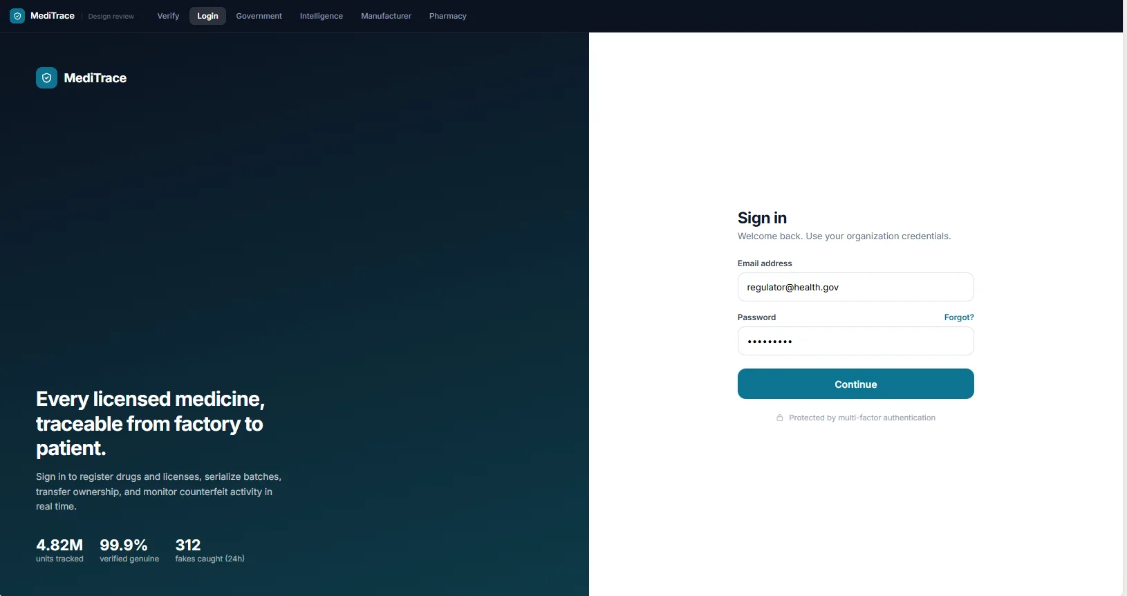 MediTrace sign-in page for licensed organisations