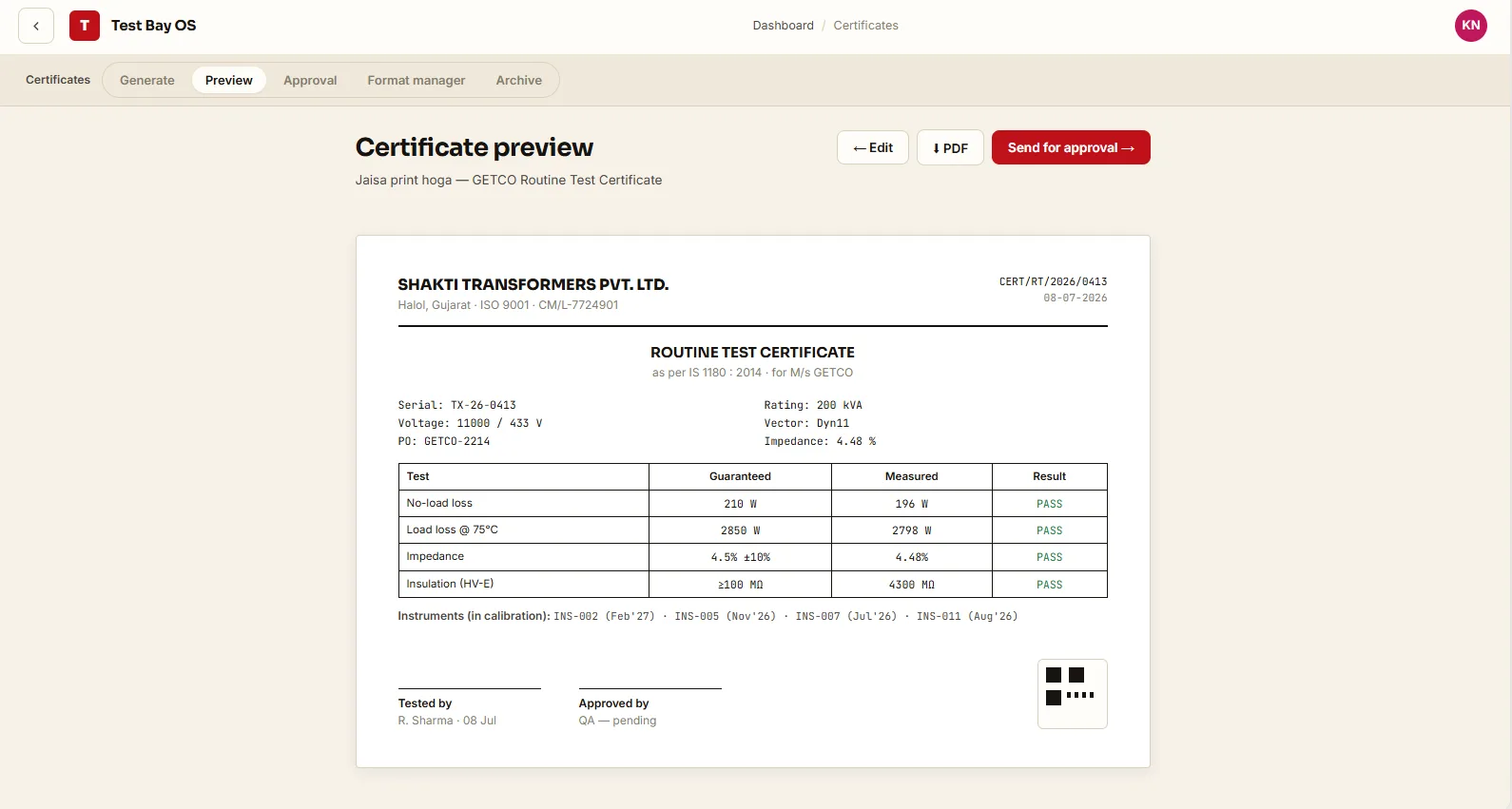 Routine test certificate preview in GETCO format with test results table and signatures